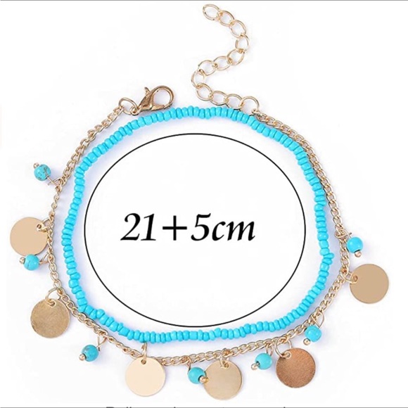 💸FINAL PRICE DROP🌺NWT 2pc Gold Disc & Turquoise Beaded Boho Anklet🌺 - Picture 11 of 12